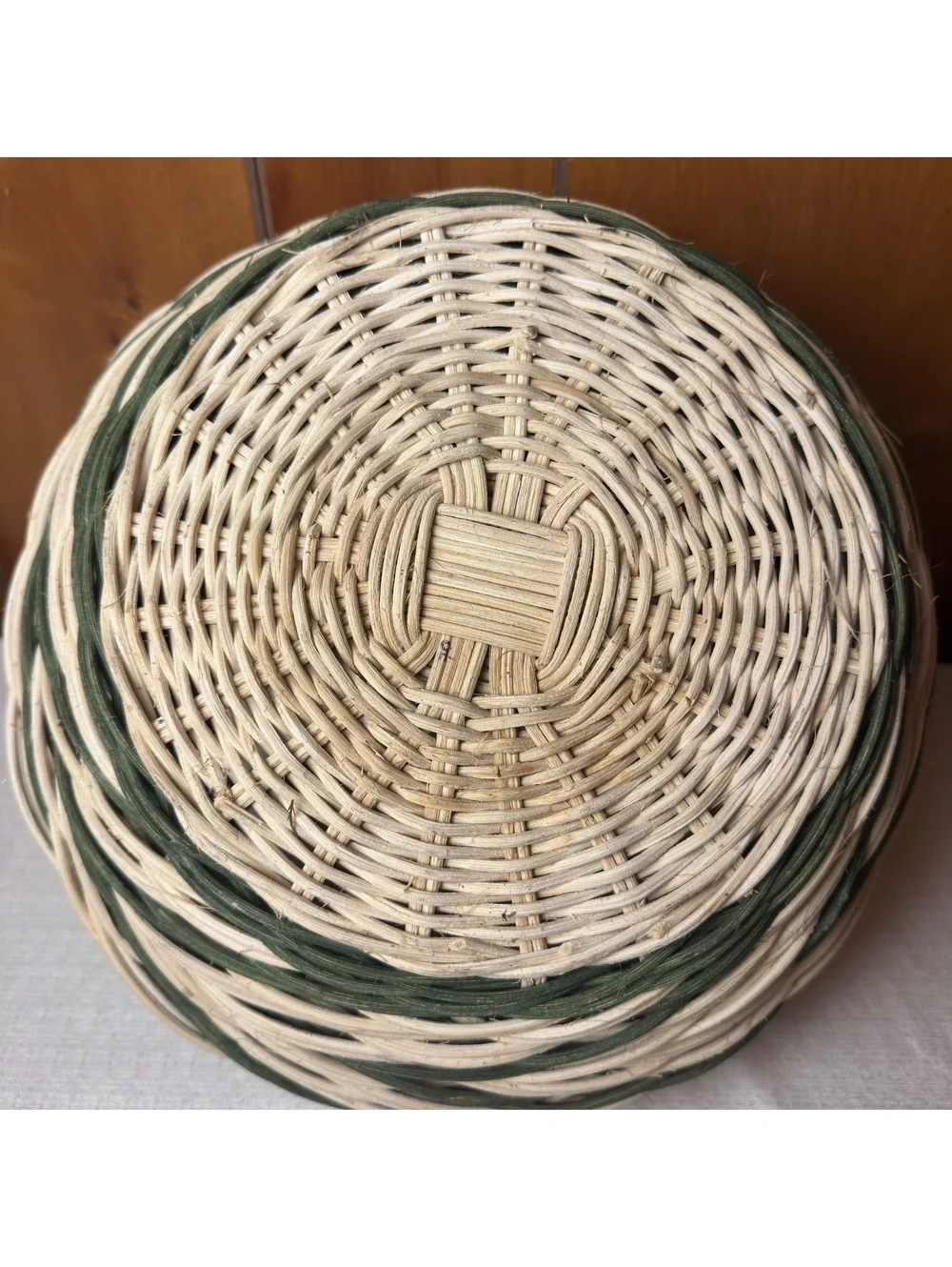 Handwoven Wicker Basket Green Cream Round Double Handle Farmhouse Cottage Decor